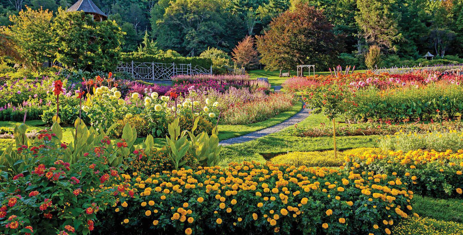 Beautiful award-winning landscaped garden with colorful flowers, perfectly manicured lawn, and elegant hardscaping features